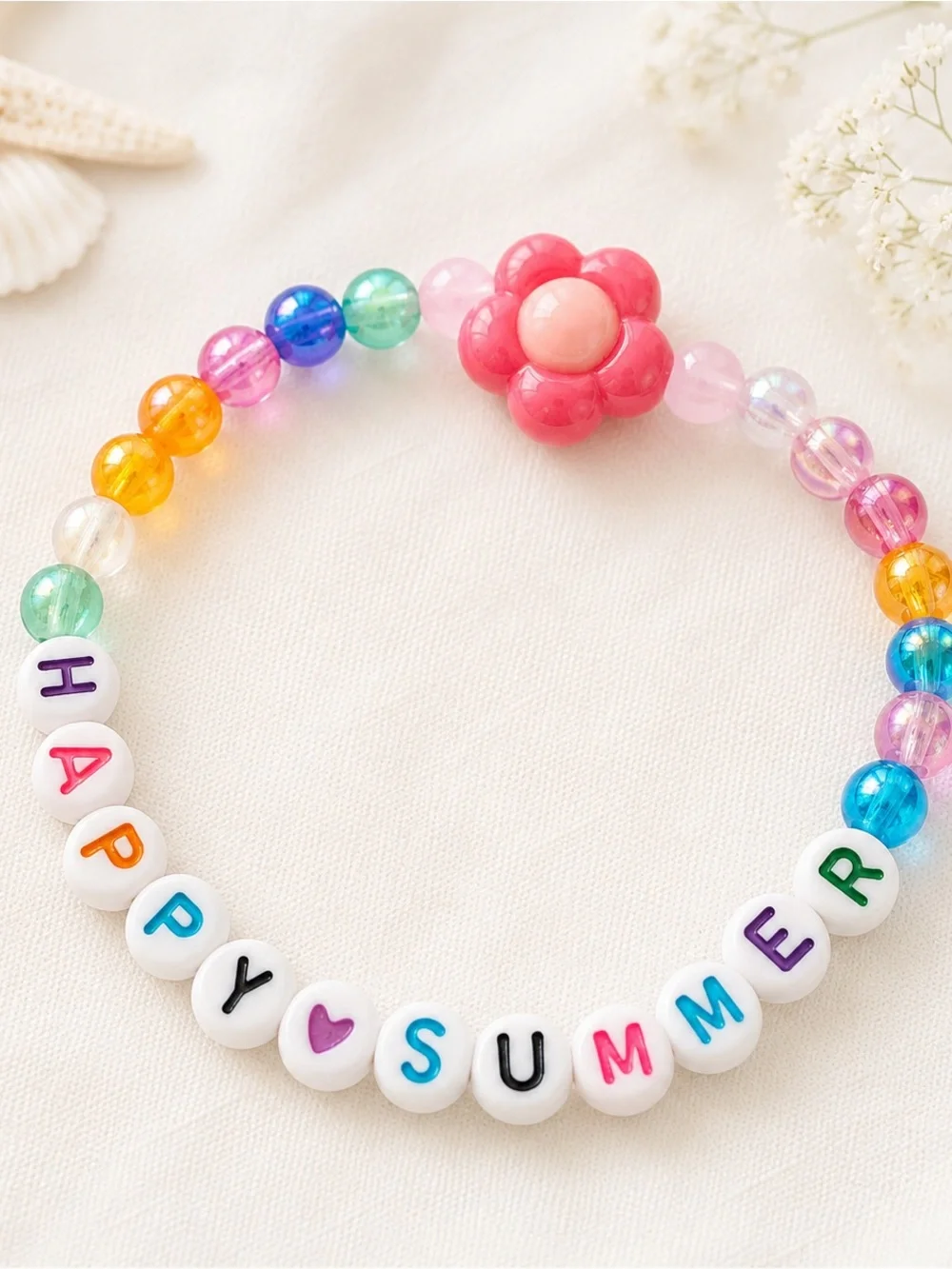 Handmade Kids 'Happy Summer' Beaded Bracelet with Pink Flower Accent